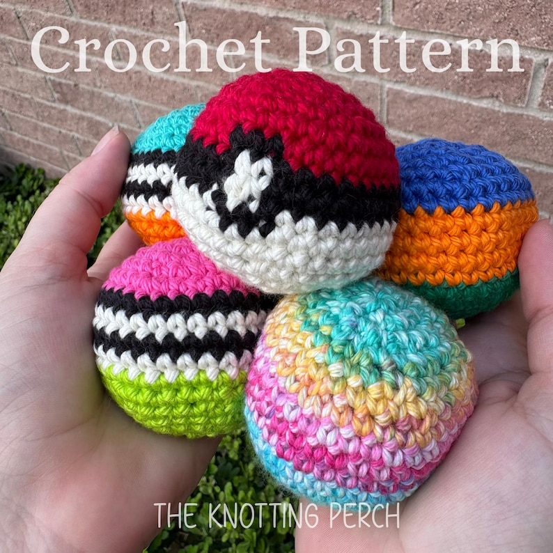 May include: A collection of five spherical crochet items featuring various color patterns, including a red, white, and black ball resembling a pokeball, a multicolored pastel ball, and others with striped designs. The text Crochet Pattern is visible.