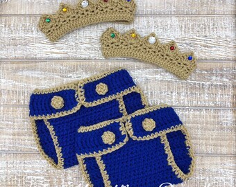 Conjunto de príncipe gemelo recién nacido: corona de crochet y cubrepañal para fotos