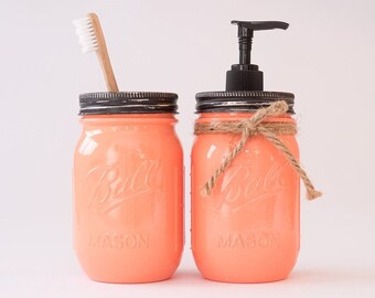 Glossy Mason Jar Soap Dispenser and Toothbrush Holder ~ Creamsicle High Gloss