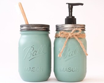 Distressed Mason Jar Soap Dispenser and Toothbrush Holder ~ Sage Green Matte