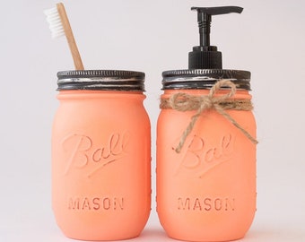 Distressed Mason Jar Soap Dispenser and Toothbrush Holder ~ Creamsicle Matte