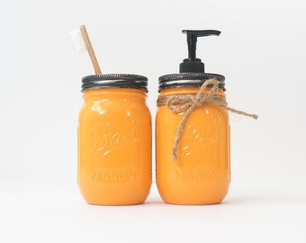 Glossy Mason Jar Soap Dispenser and Toothbrush Holder ~ Goldenrod High Gloss