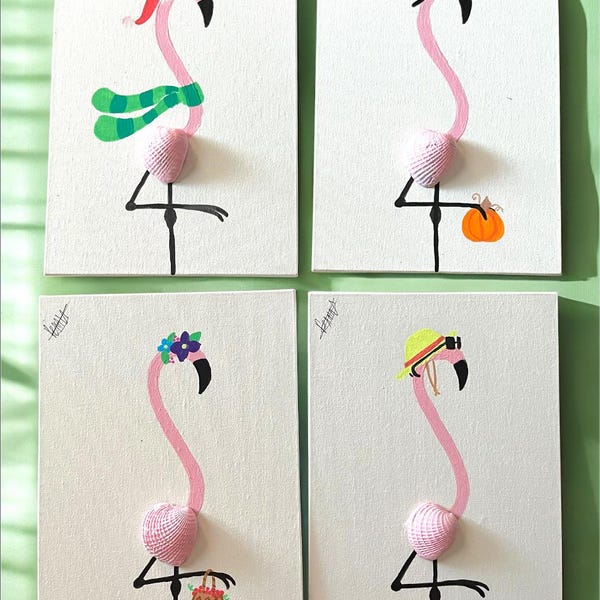 Handmade Flamingo Shell Art: Seasonal Acrylic Painting on Canvas (7x5”)