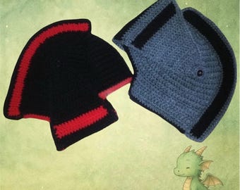 Crochet Knight Helmet Hat – Black Red Face Warmer – Custom Size Cosplay Accessory