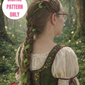 May include: A digital pattern for a crochet hair accessory featuring small green leaves and vines woven into a long braid. The image includes the text 'DIGITAL PATTERN ONLY' in a white circle and 'Written by a human' in green script.