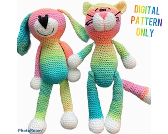 Crochet pattern Rainbow cat and dog, Digital pattern