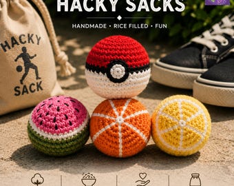 Ensemble de sacs pirates inspirés des fruits au crochet | Protège-pieds en coton faits main | Style pokeball pastèque citron orange | Jouet agité rempli de riz