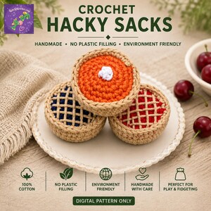 Set di Hacky Sack all'uncinetto a tema torta di zucca, ciliegia e mirtillo – Decorazione da collezione in cotone fatta a mano – Regalo unico a tema cibo - set da 3