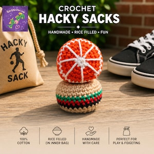 May include: Two handmade crochet hacky sacks, one orange and white, the other tan with green and red stripes. The image includes a tan sack with the words "Hacky Sack" and a logo. Text reads "Crochet Hacky Sacks, Handmade, Rice Filled, Fun."