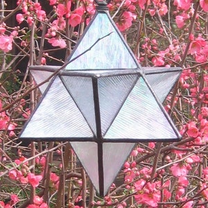 May include: A white iridescent glass star-shaped pendant with black metal framing. The pendant is hanging from a branch of a flowering bush with pink blossoms.