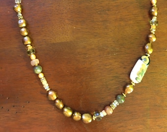 Brown Pearl Necklace: Lampwork Bead, Moonstone, Jasper
