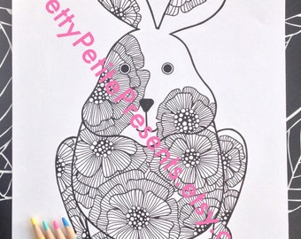 Springtime Easter Bunny Coloring Page DIY- Instant pdf- Digital Download- Printable Coloring- Adults/Children