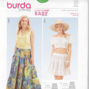 May include: A sewing pattern for a skirt with two different styles. The first style is a long, tiered skirt with a colorful floral print. The second style is a shorter, tiered skirt with a white lace design. The pattern includes seam and hem allowances. The pattern is for sizes EUR 34-44, US 8-18.