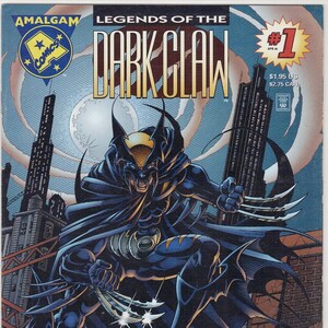 May include: A comic book cover featuring a dark blue and black superhero with sharp claws, standing on a gargoyle-like creature. The cover is titled "Legends of the Dark Claw" and features the number "1" in a red circle. The comic book is published by Amalgam Comics.