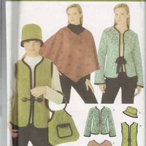 May include: A sewing pattern for a poncho, vest, jacket, and bag. The pattern is for sizes 6, 8, 10, and 12. The pattern is from Simplicity and is easy to sew.