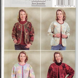 May include: Butterick sewing pattern B4056 Just Jennifer for a long-sleeve jacket with a round neckline and a single front closure. The pattern envelope displays four variations of the jacket in different quilted fabric patterns and colors.