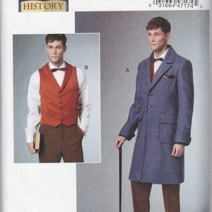 May include: A sewing pattern for a long coat and a vest. The pattern is for sizes 46-48-50-52. The pattern is from Butterick and is called "Making History".
