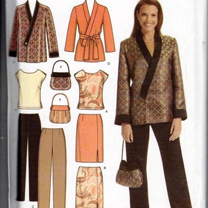May include: Simplicity pattern 4748 for a jacket, top, skirt, pants, and handbag. The jacket features a shawl collar and long sleeves. The pattern includes size AA 10, 12, 14, 16, 18. Illustrations show various garment styles and a matching handbag.