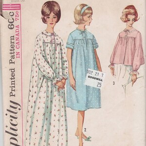 May include: Vintage Simplicity sewing pattern 193 for a nightgown. The pattern includes three different styles: a long-sleeved nightgown with a floral print, a short-sleeved nightgown with polka dots, and a short-sleeved nightgown with a solid color. The pattern is for size 16, bust 36.