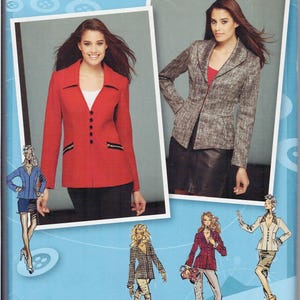 May include: A sewing pattern for a jacket with a V-neck and a zipper closure. The pattern is for sizes US 14-22. The pattern is from Simplicity and is inspired by Project Runway.