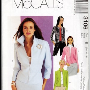 May include: McCall's sewing pattern 3106 for a jacket with a high collar and three-quarter length sleeves. The envelope displays a light blue jacket, a black and white patterned jacket, a pink jacket, and a lime green jacket with various skirts.