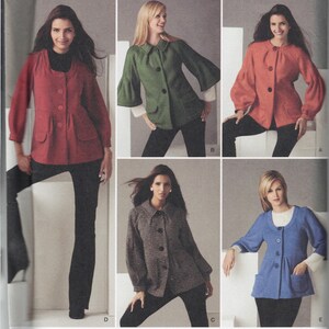 May include: Simplicity sewing pattern featuring various jacket designs in red, green, coral, gray, and blue. Each jacket has a different style, including button closures and pockets. The pattern includes sizes 14, 16, 18, 20, and 22.