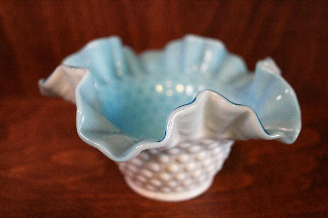 FENTON Blue and White Milk Glass Ruffled Candy Dish in MINT Etsy