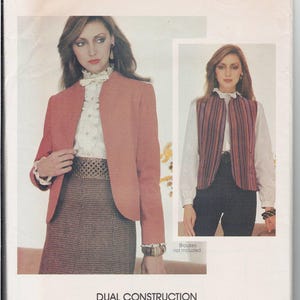 May include: A vintage Butterick sewing pattern, number 4505, featuring a dual construction design for a basic vest and jacket. The cover showcases a woman modeling the finished garments, including a coral jacket and a striped vest. The pattern size is (18-20-22).