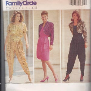May include: Butterick sewing pattern 5220 featuring three women's fashion designs. The Family Circle Collection pattern includes a jumpsuit, a dress with a jacket, and a jumpsuit with a jacket. The pattern size is 18-20-22.