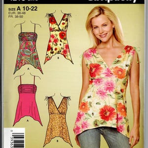 May include: Simplicity sewing pattern 4218 for sizes 10-22, featuring two top designs. View A is a strapless top with a gathered bodice and handkerchief hem. View B is a V-neck top with tie shoulders and a floral print. Includes illustrations.
