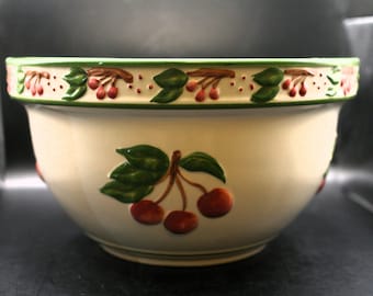 WONDERFUL Find! Vintage Extra Large Glazed Pottery / Ceramic Bowl Cherry Design in EXCELLENT Condition! Measures ~10.5 x 6.5"