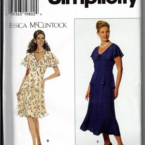 May include: Simplicity sewing pattern 7460 by Jessica McClintock for a dress with a V-neckline, flutter sleeves, and a peplum waist. View B features a floral print, while View A is solid blue. Includes size range P 12, 14, 16.