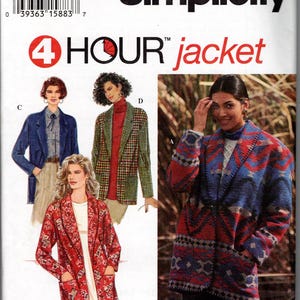 May include: Simplicity 9163 4 Hour jacket sewing pattern envelope. The front displays illustrations of four jacket variations in different colors and patterns, including solid blue, green plaid, red print, and a blue and red geometric print.