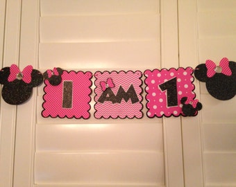 Minnie Mouse Banner, "I am 1" high chair banner, Hot Pink Minnie Mouse banner, Hot Pink Minnie Decor