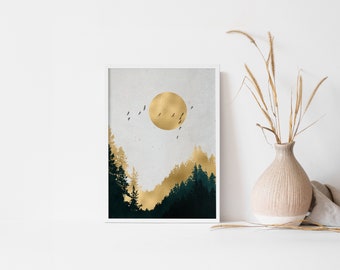 poster, golden, landscape, moon, scandi, wall art, art print