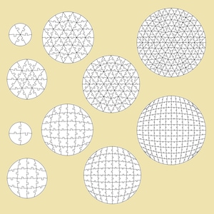 May include: A collection of white jigsaw puzzles in various sizes and designs, arranged in circular shapes against a light tan background. The puzzles feature intricate patterns and different piece counts, offering a variety of challenges.
