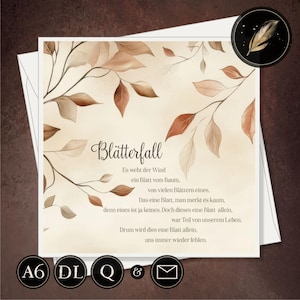 Trauerkarte >> BLÄTTERFALL << Beileidskarte / Post- o. Klappkarte A6/DL/Quadrat - Kondolenzkarte inkl. Umschlag