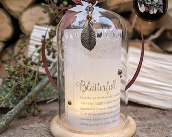 Mourning light / light glass >> LEAVES FALL << Glass bell with wooden base, light cover - personalization possible