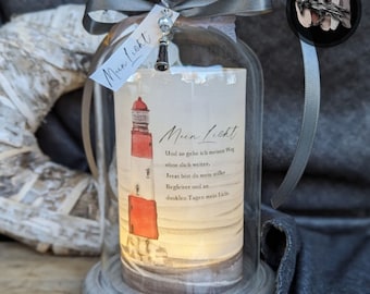 Mourning light / light glass >> LIGHTHOUSE << Glass bell with wooden base, light cover - personalization possible