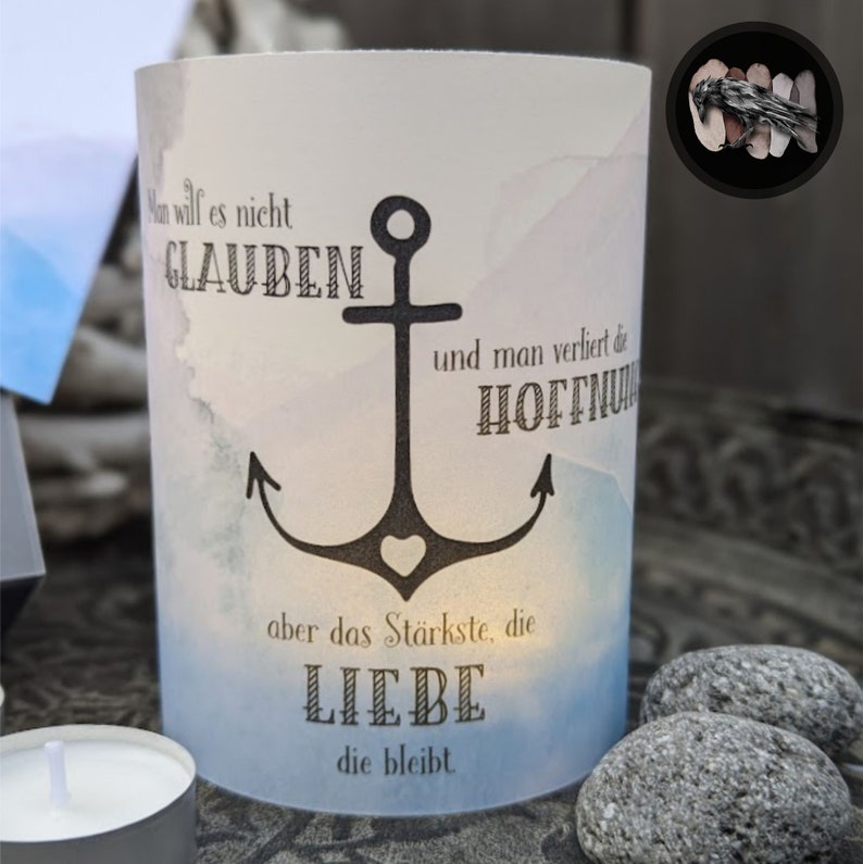 Trauer Lichtbox ANKER die LIEBE bleibt ... Trauergeschenk / Lichthülle, Karte, Teelichter / Personalisierung möglich Bild 2