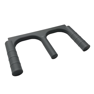 May include: A gray, plastic handle with two curved grips and a central bar. The grips have a ridged texture for enhanced grip. The handle is designed for ergonomic use and is likely part of a larger tool or device.