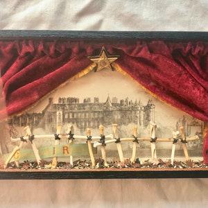 CONTENTMENT IS RICHES - Assemblage Art - Shadowbox - Disparity - Bone Fence - Victorian Ribbon - Antique Etching - Red Velvet Drapes