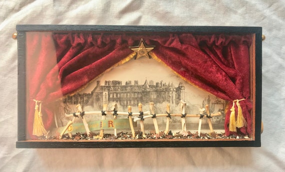 Assemblage Art Red Velvet Drapes CONTENTMENT IS RICHES Victorian Ribbon Disparity Antique Etching Bone Fence Shadowbox