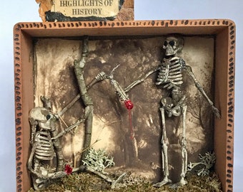 HIGHLIGHTS OF HISTORY - Original Assemblage Art - Pair of Skeletons - Shadowbox - Natural Materials - Cemetery Dirt - Vintage Image