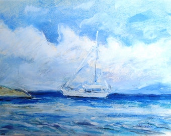 Sea Landscape White Boat Original Painting Small Art Pastel Paint Gift