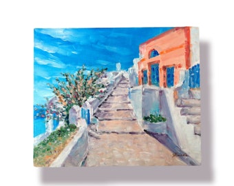 24 × 30 Santorini Original Oil Painting Greek Island Landscape White Blue Wall Art Gift Home Office Decor