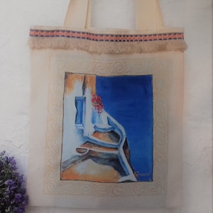 Original Painting Greek Cotton Shoulder Bag Santorini Scales View Hand painted Decorated Trim Shopper Bag