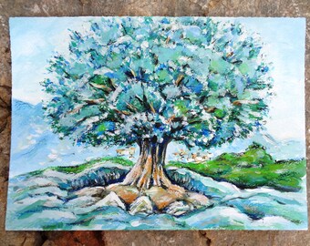 Öl Malerei Olive Tree griechischen Miniatur Original kleine Kunst Geschenk Home Dekor