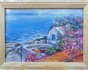 Original pintura Pastel Encaustics buganvillas flor blanco Griego Isla mar vista Santorini pared arte regalo casa oficina decoración