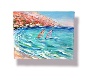 Mer Paysage Bateaux Andros Île corfèce Voir Peinture originale Huile Petit Art Cadeau Décoration intérieure